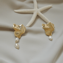 Load image into Gallery viewer, Agean Crumpled Gold Studs with Asymmetrical Pearl Drop
