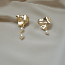 Load image into Gallery viewer, Agean Crumpled Gold Studs with Asymmetrical Pearl Drop
