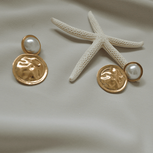 Miryam White Pearl Studs with Gold Hammered Disc