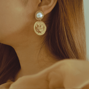 Miryam White Pearl Studs with Gold Hammered Disc