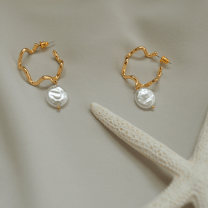 Galia Wavy Gold Hoop Studs with Coin Pearl Drop