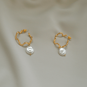 Galia Wavy Gold Hoop Studs with Coin Pearl Drop