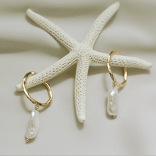 Load image into Gallery viewer, Eldoris Textured Gold Hoop Studs with Keshi Pearl Drop
