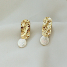 Load image into Gallery viewer, Sirius Gold Textured Disc Studs with Coin Pearl Drop
