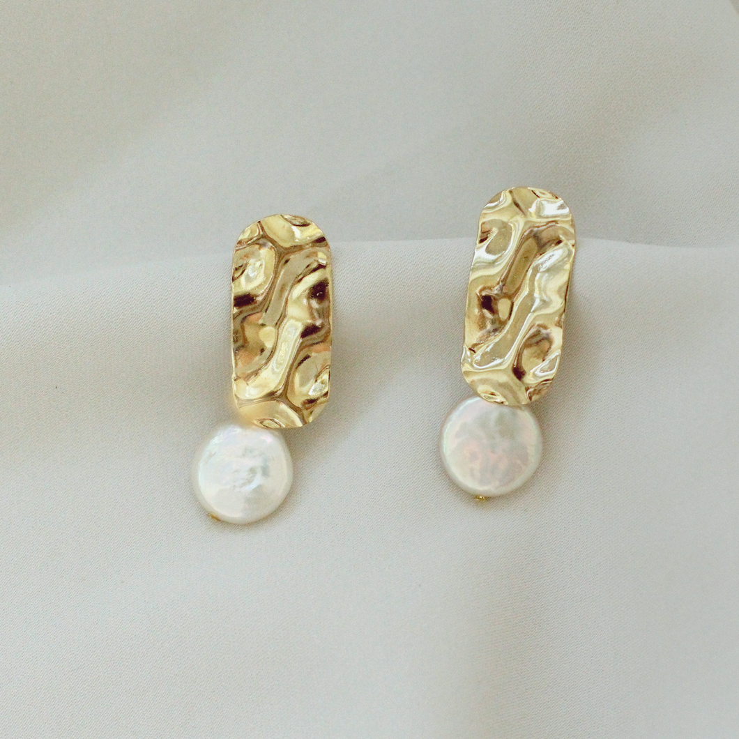 Sirius Gold Textured Disc Studs with Coin Pearl Drop