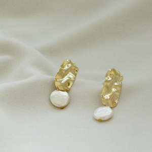 Sirius Gold Textured Disc Studs with Coin Pearl Drop